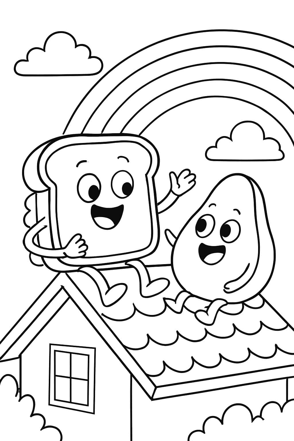 un sándwich comiendo un aguacate en la parte superior de un techo viendo un arco iris