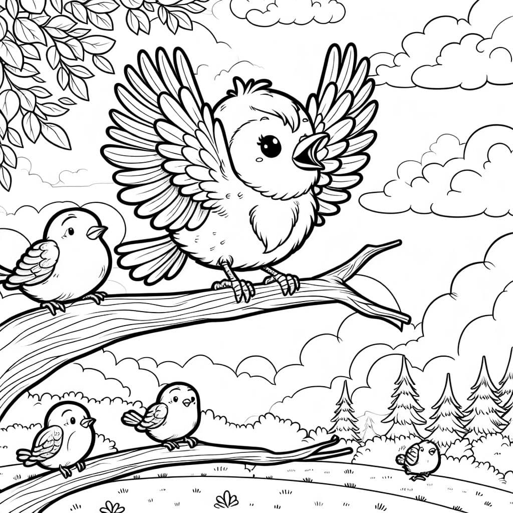 Un pequeño pájaro en una rama que vuela valientemente al aire con las alas abiertas. De fondo hay otros pájaros y árboles. El cielo es azul con algunas nubes.