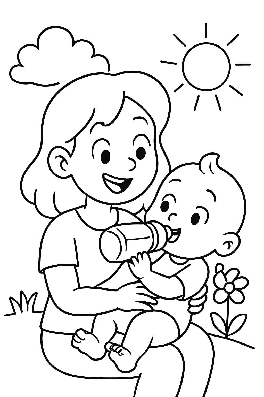 Bebé bebiendo de un biberón sentado en el regazo de mamá