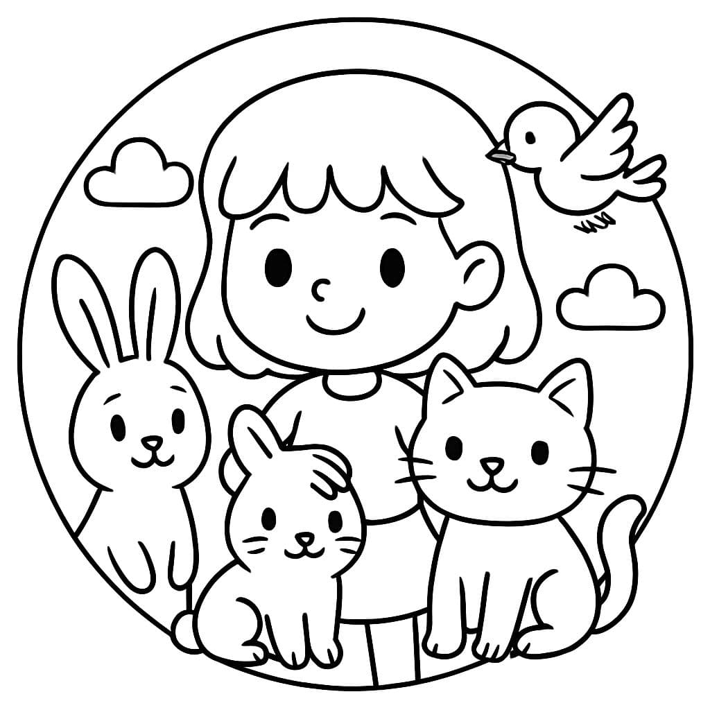 Dessine sous la forme d'un cercle une fille entourée d'animaux à colorier.