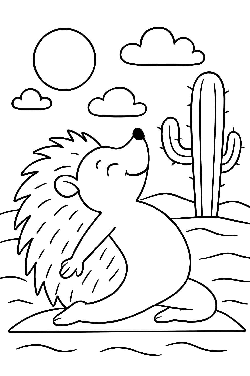 Hérisson faisant la pose du chameau de yoga dans le désert devant un cactus.
