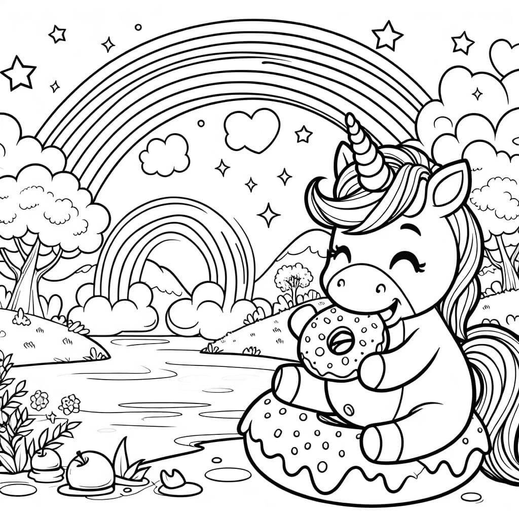 A unicorn eating a donut with a rainbow in background