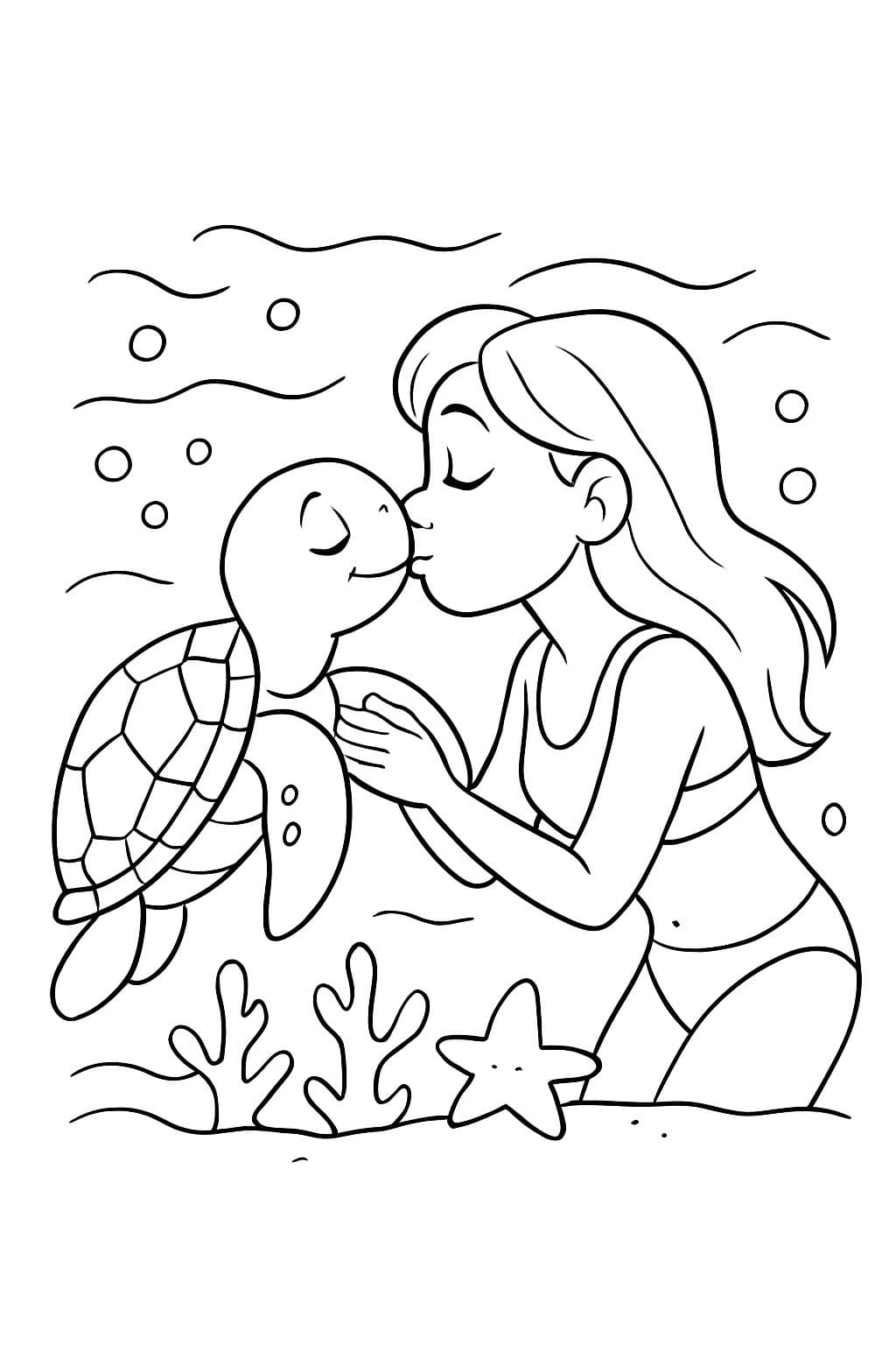 Una tortuga marina besando a una joven rubia.