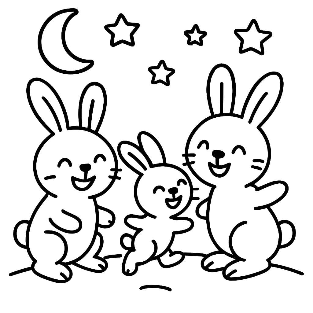 Una feliz familia de conejos jugando bajo la luna y las estrellas