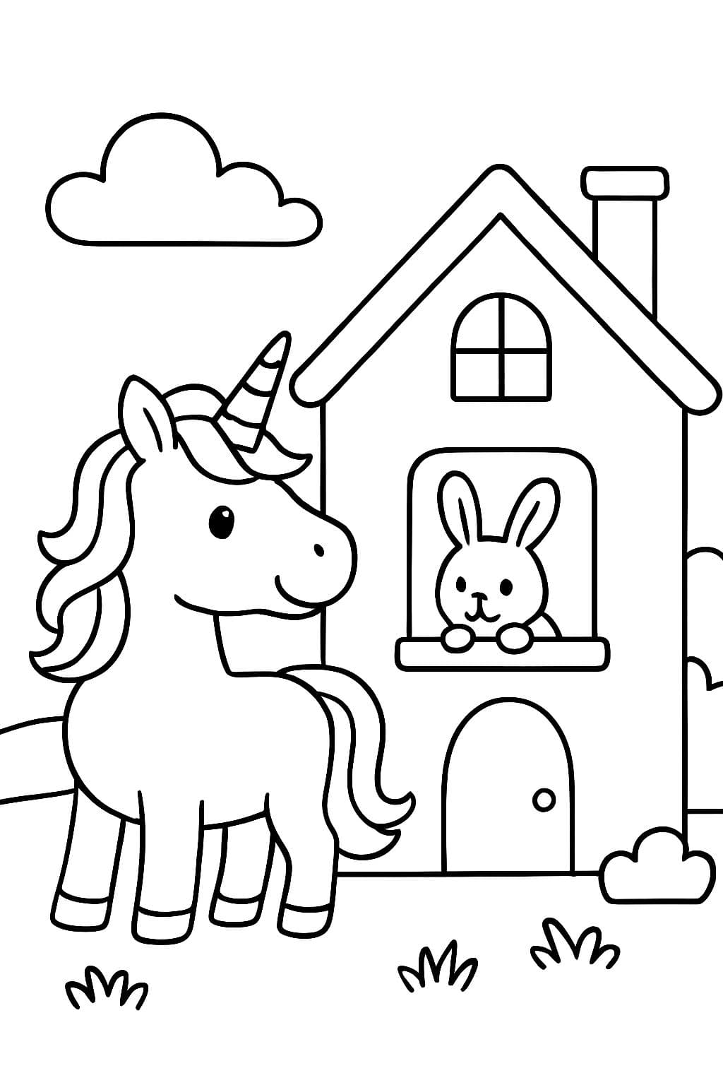 einhorn steht vor einem haus aus dessen fenster ein kanichen guckt