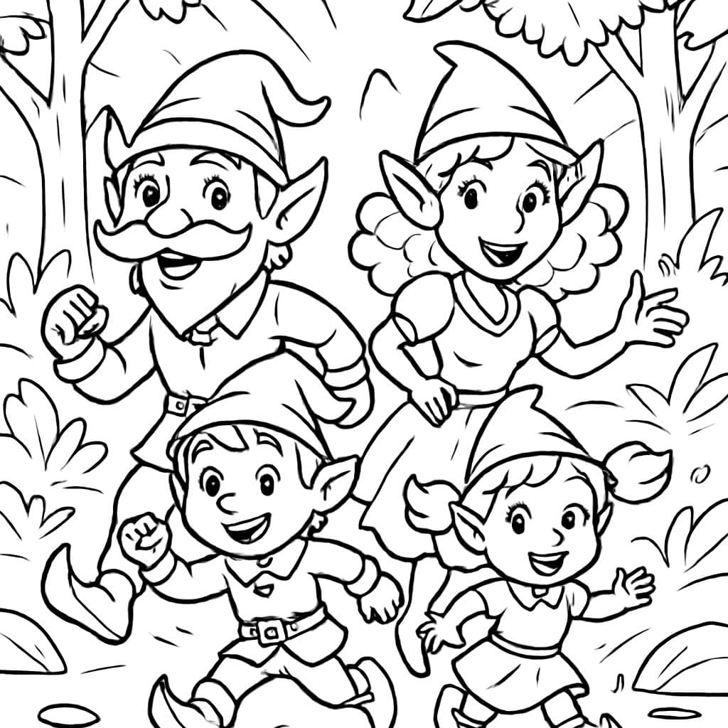 una familia de duendes del bosque: un papá duende con bigote, una mamá con cabello rizado, un pequeño duende y una pequeña duenda con coletas