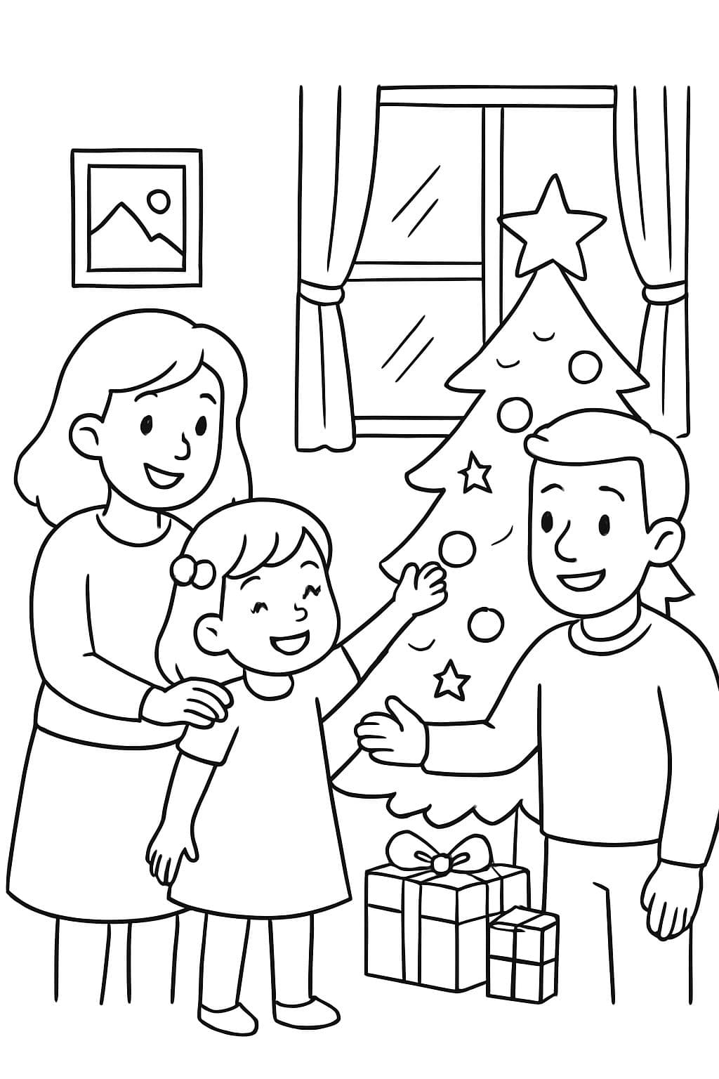 Mamá, Papá y la hija en casa con el árbol de Navidad