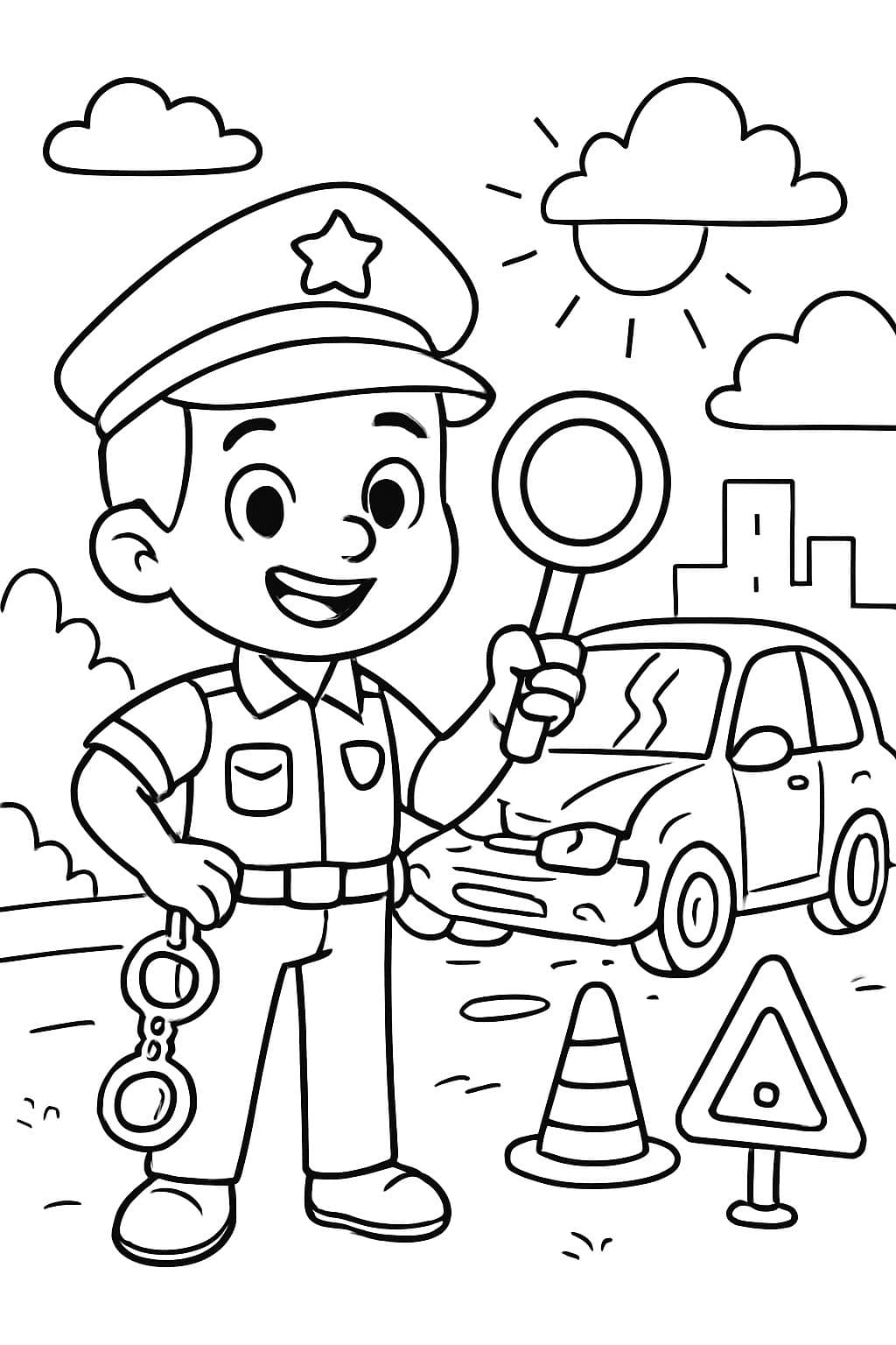Un policier avec un panneau sur le lieu de l'accident. Le policier a des menottes avec lui.