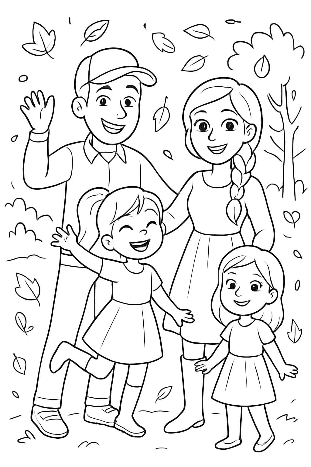 photo de famille d'automne avec un père portant une casquette de baseball, des manches longues et un jean. une très jolie mère avec de longs cheveux en tresse, de jolis yeux avec de longs cils, une belle robe fluide et des bottes hautes. une fille de 6 ans avec une queue de cheval et une robe, et une fille de 3 ans avec les cheveux lâchés et dans une robe.