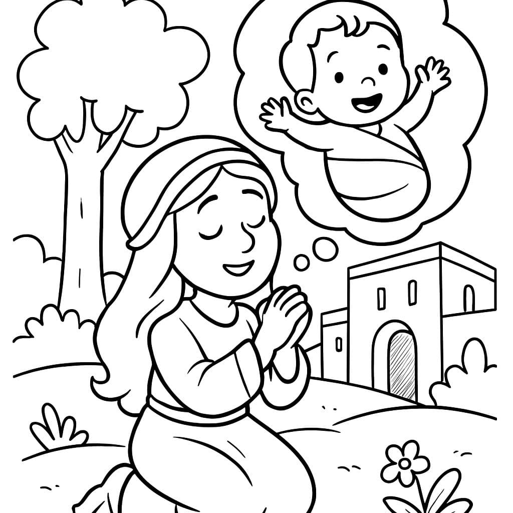Hannah reza por un hijo mientras una burbuja sobre su cabeza tiene la imagen de un bebé niño en ella.