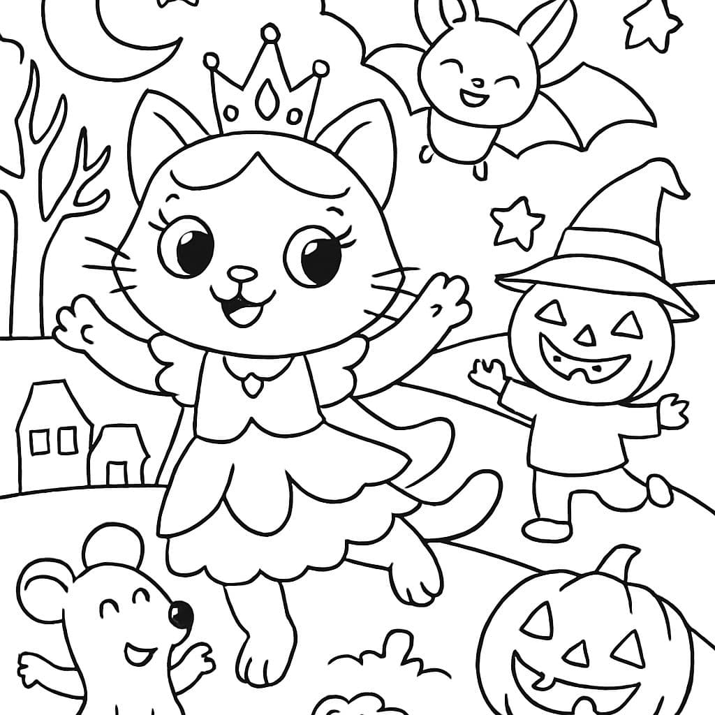Gato princesa de Halloween jugando con sus amigos