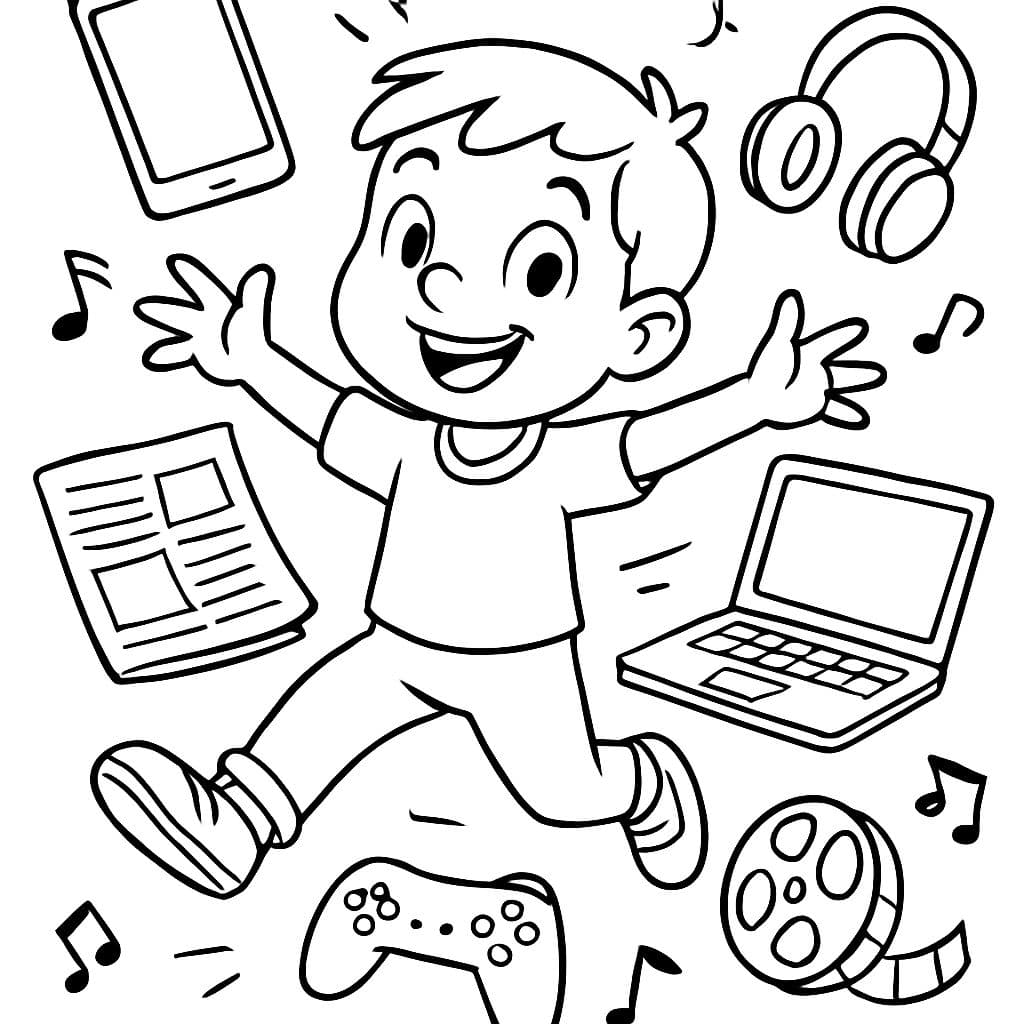 a child surrounded by media (phone, tablet, computer, newspaper) and much more