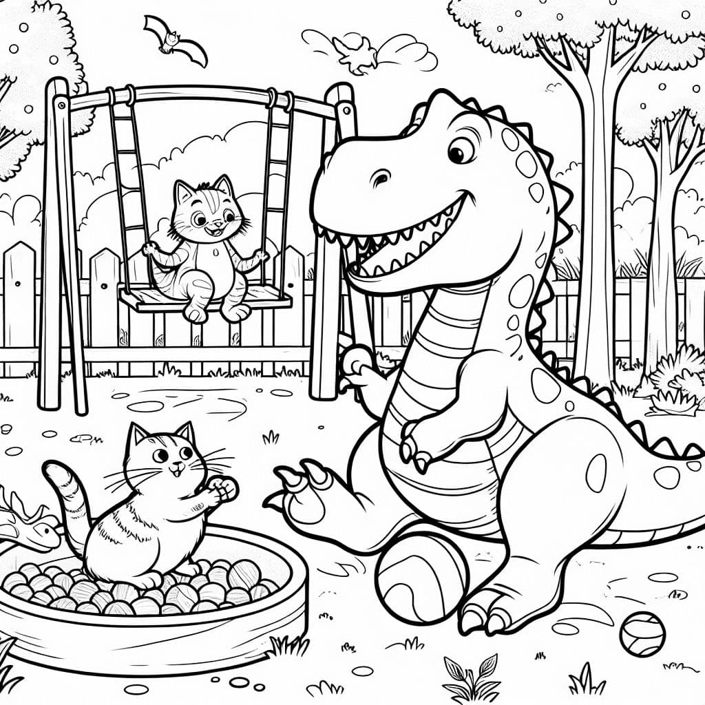 Un dinosaurio jugando en un parque infantil con un gato