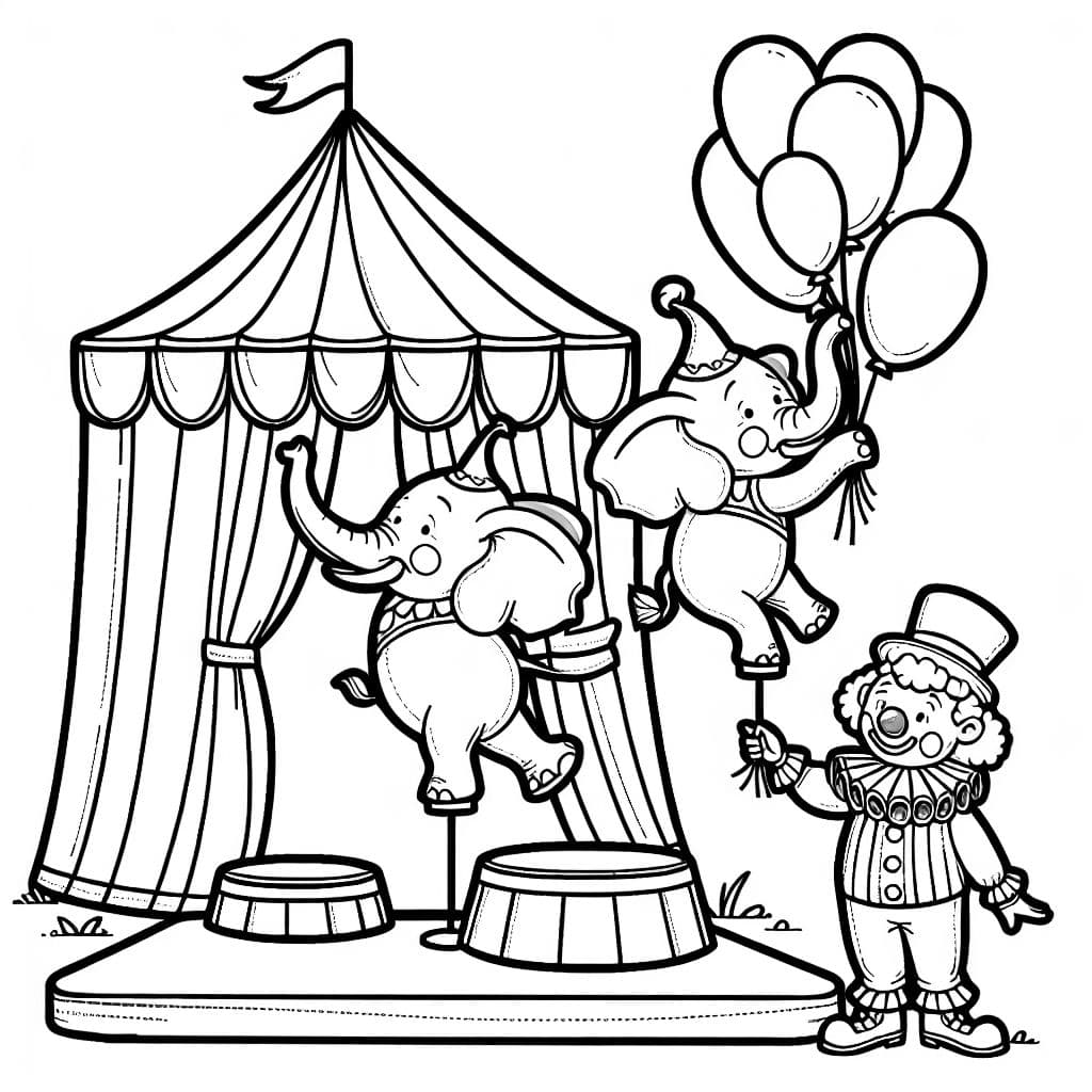 Una carpa de circo con dos elefantes frente a ella haciendo el pino sobre pedestales, un payaso repartiendo globos