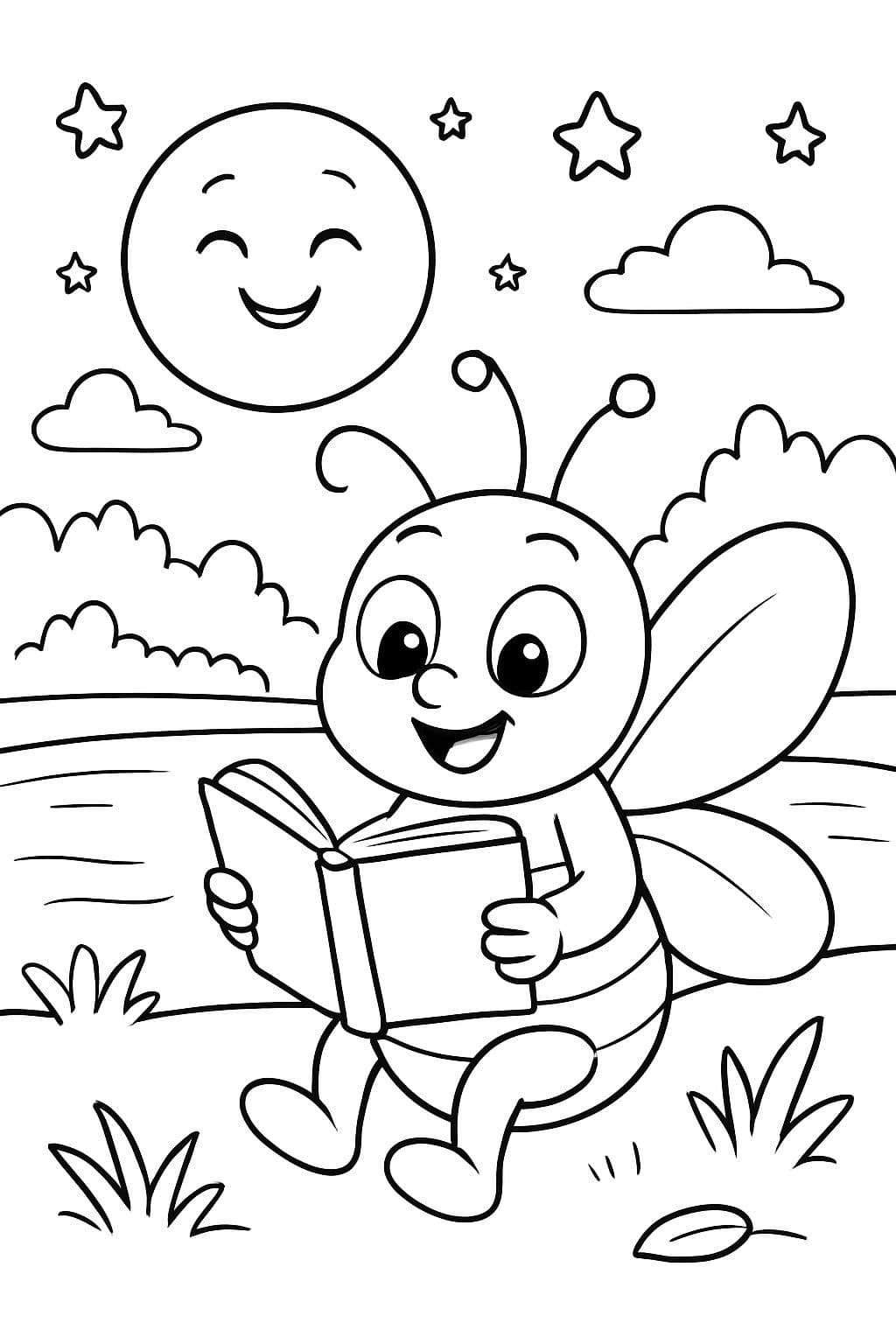 Eine Glühwürmchen liest neben einem vom Mond beleuchteten See.