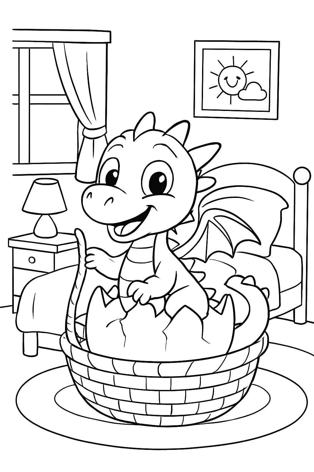 Un bébé dragon assis sur un lit dans la chambre d'un enfant, venant de naître d'un œuf, couché dans un panier de Pâques.