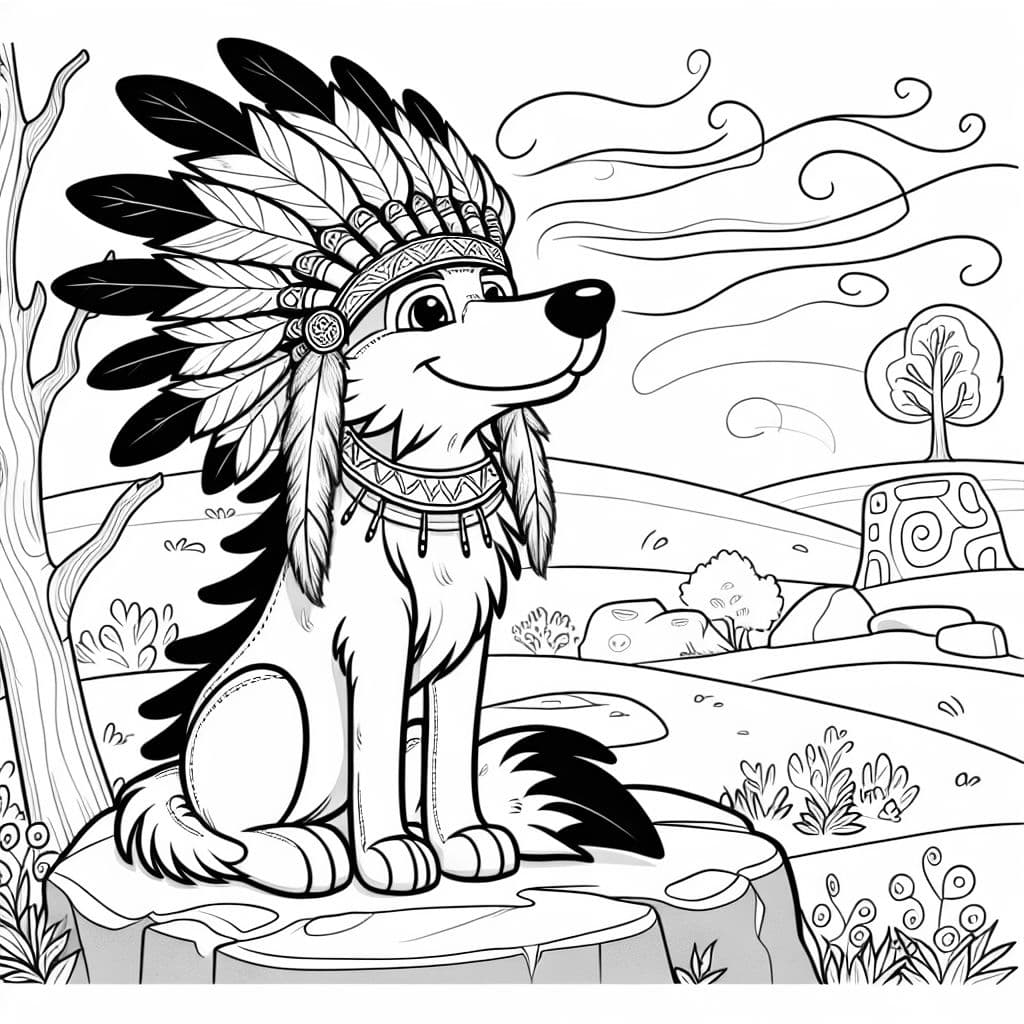 Un noble coyote que lleva un tocado tradicional de plumas nativoamericano, sentado orgullosamente sobre una roca. El viento sopla a través de las plumas. El fondo incluye patrones simbólicos y petroglifos antiguos. Arte lineal en blanco y negro, muy detallado para un libro para colorear.