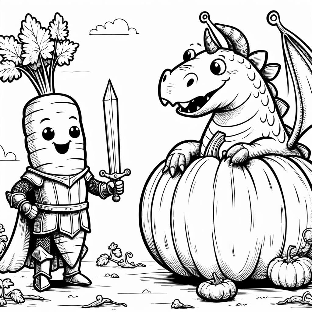 Eine Karotte als Ritter der gegen einen Kürbis Drachen kämpft