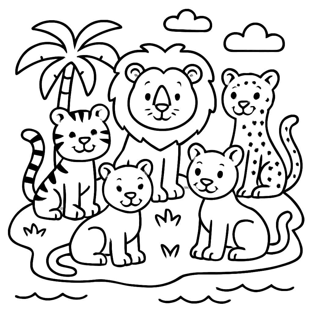 Um leão, tigre, guepardo, puma, Leopardo, leão da montanha e um puma todos se reunindo em uma pequena ilha.