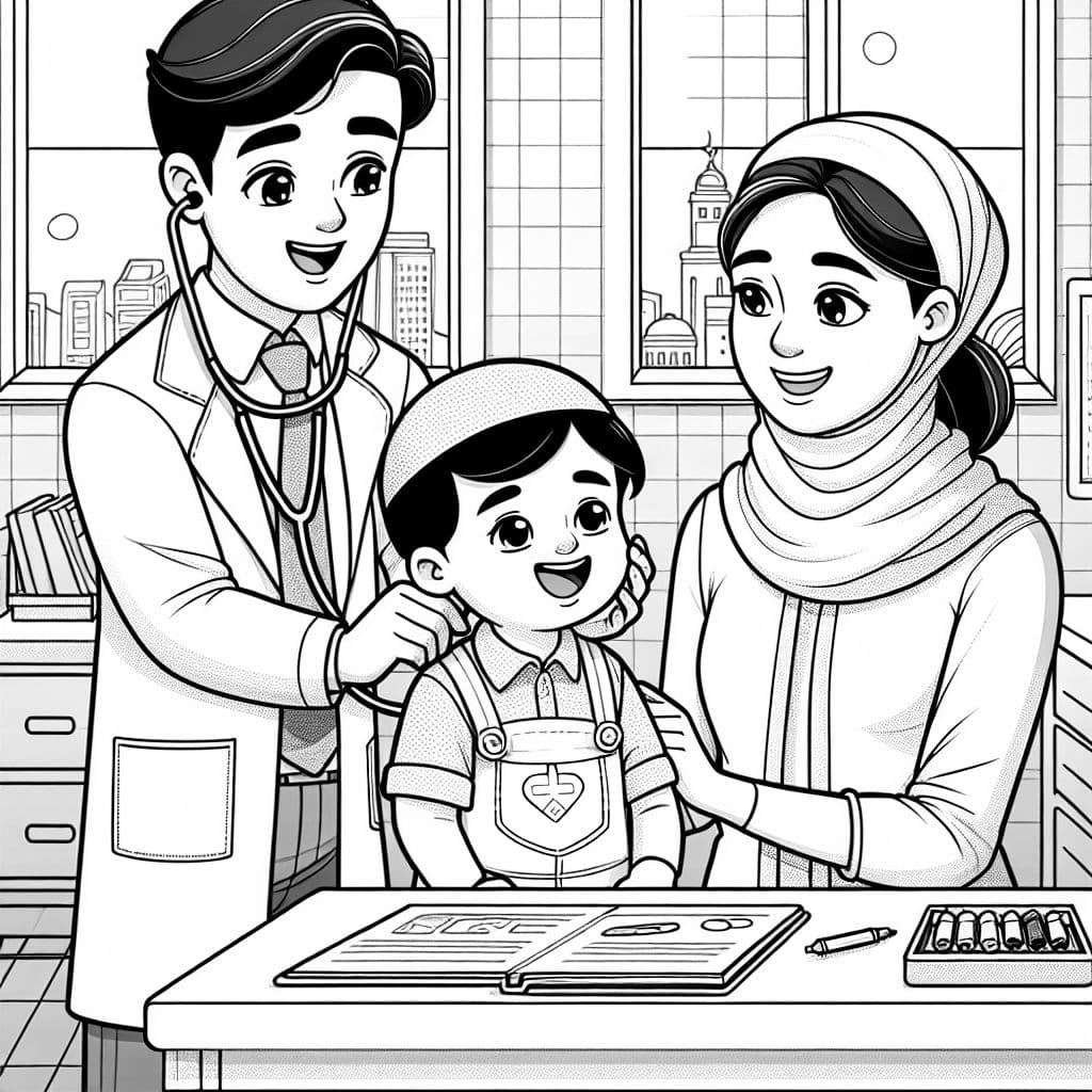 einen Kinderarzt, der ein Kind mit seiner Mutter untersucht