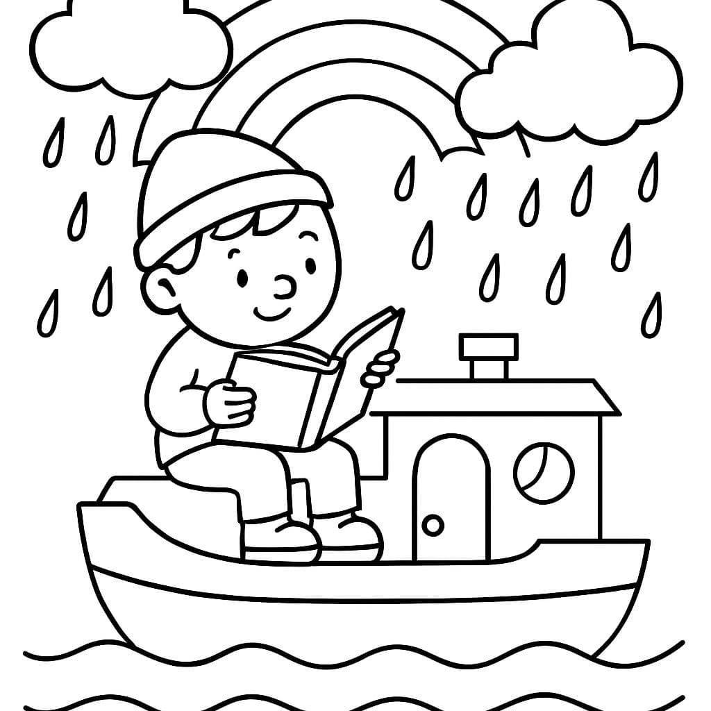 Una persona leyendo un libro en una casa flotante bajo un arcoíris y lloviendo de las nubes.