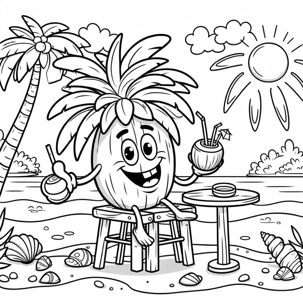 Ein Palmenmensch der an der Strandbar sitzt und eine Kokosnuss isst