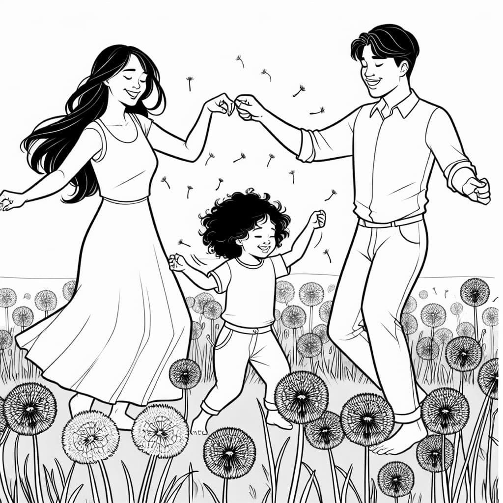 mom and dad and kid dancing in dandelion field
