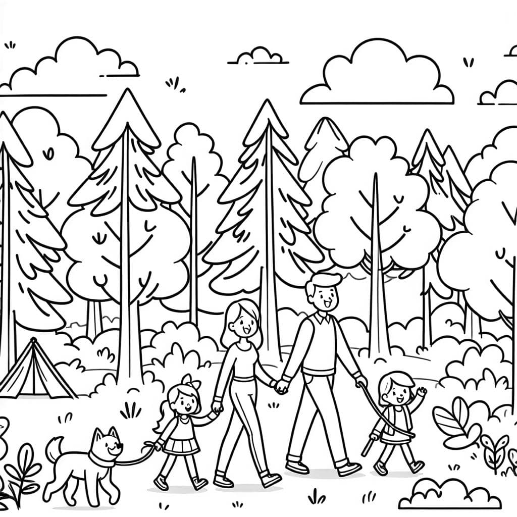 eine Familie, die einen Waldspaziergang macht