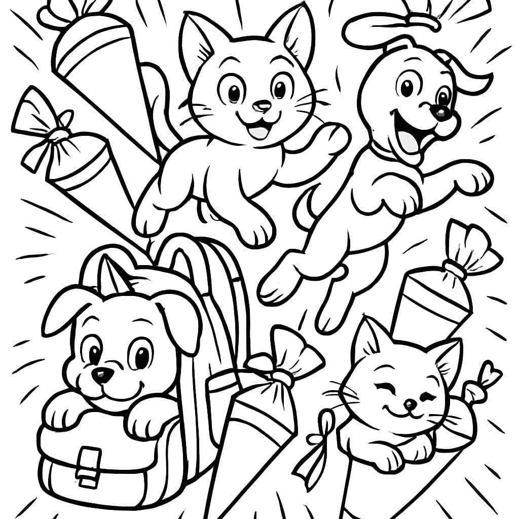 muitos cones escolares e mochilas com alguns gatos e cães fofos no meio