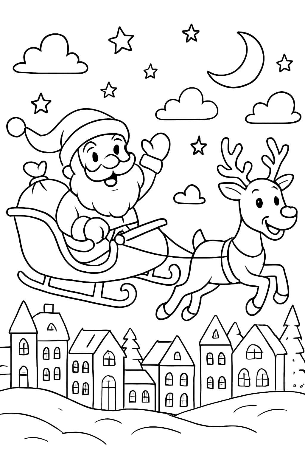 Der weihnachtsmann in seinem rentierschlitten über einer verschneiten stadt