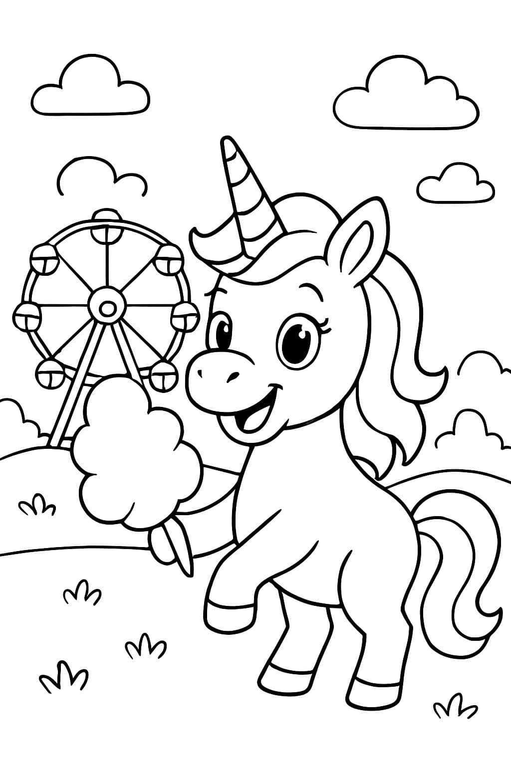 Un unicornio con algodón de azúcar frente a una noria