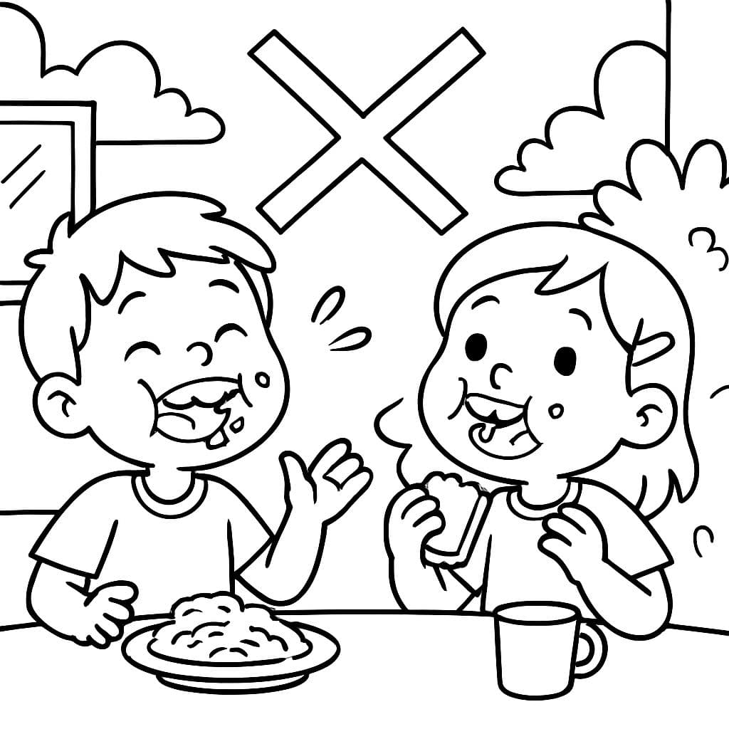 Des enfants parlent la bouche pleine et barré pour indiquer le mal.