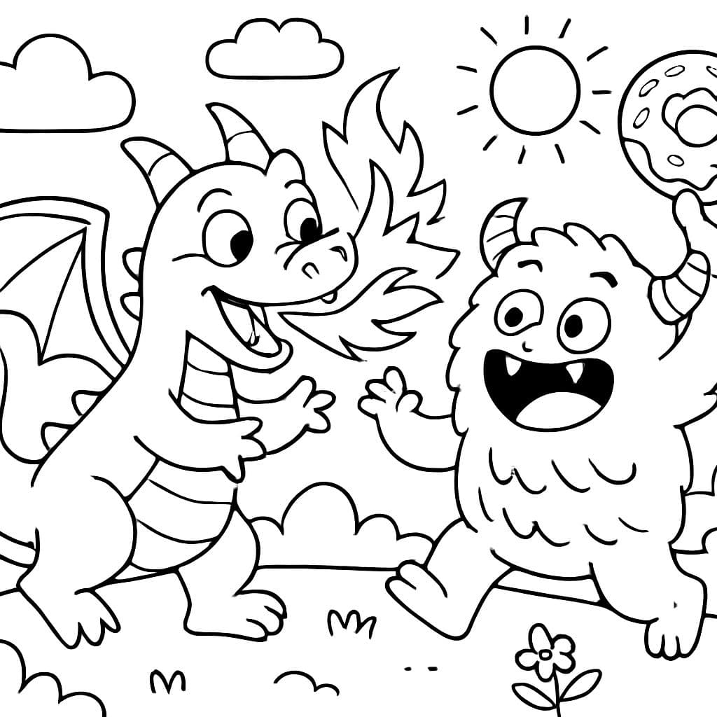 un dragón luchando contra un monstruo con una dona