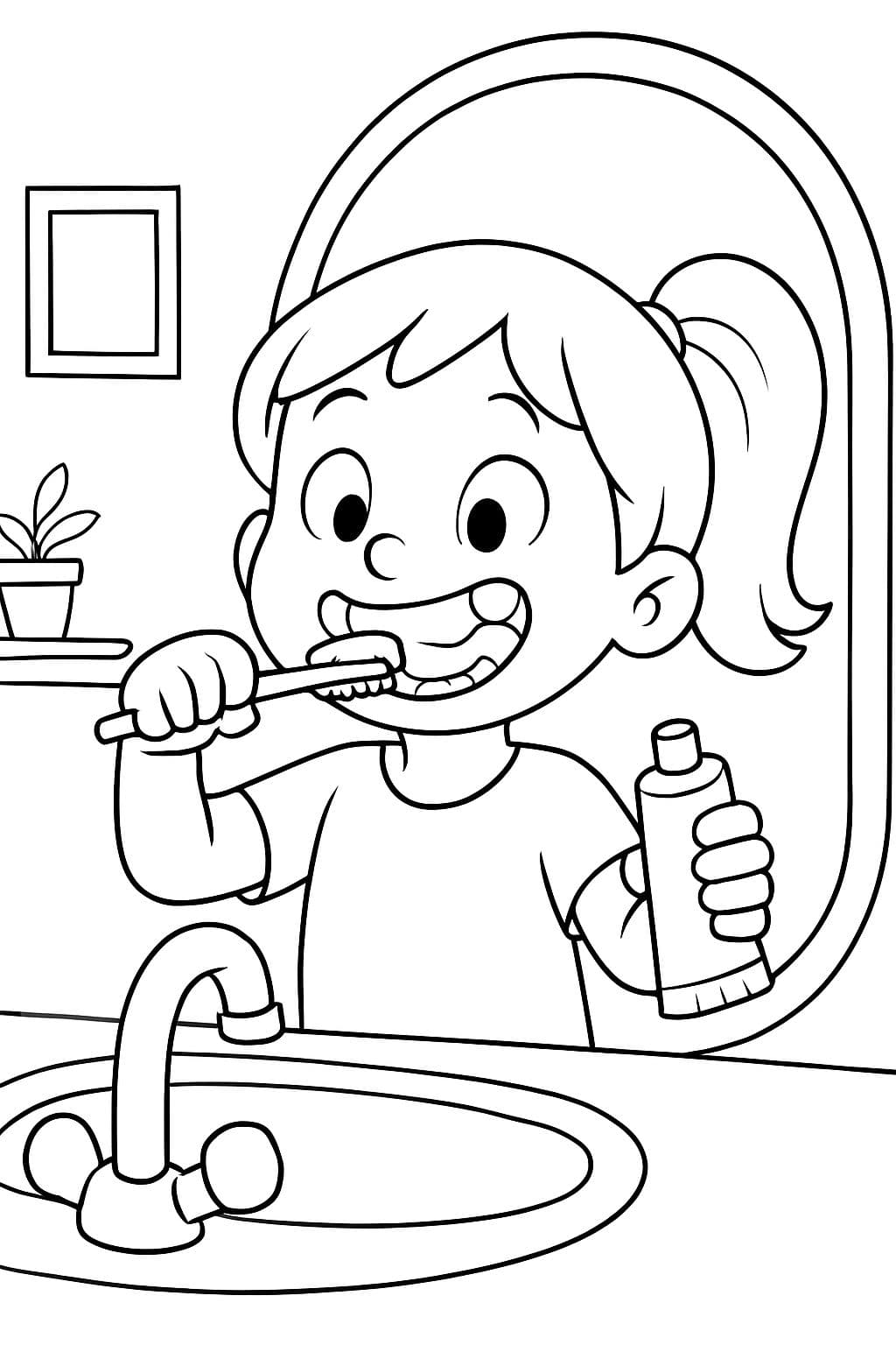 niña cepillándose los dientes, viéndose al espejo, con crema de dientes.