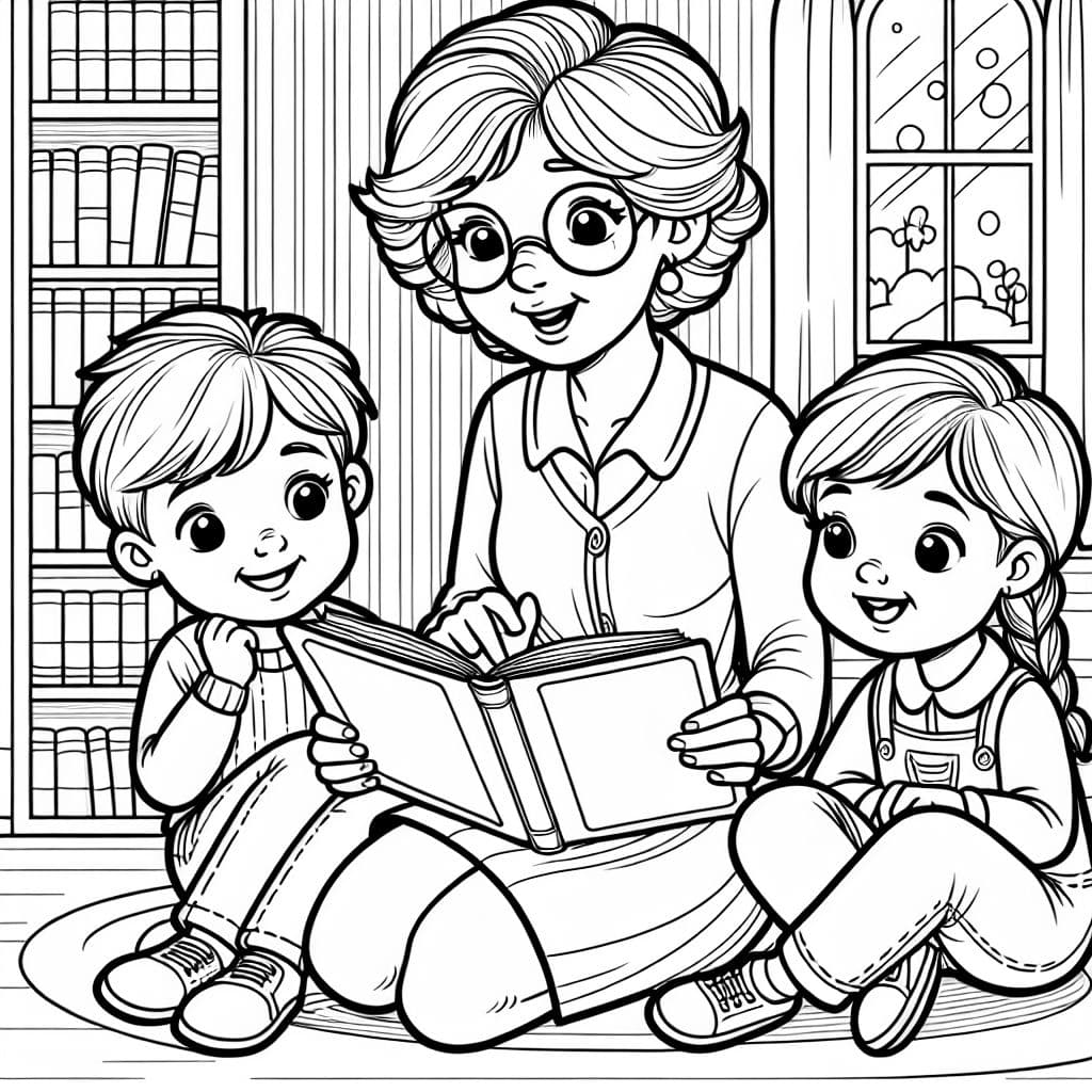 Grandma short hair and girl and boy reading a book