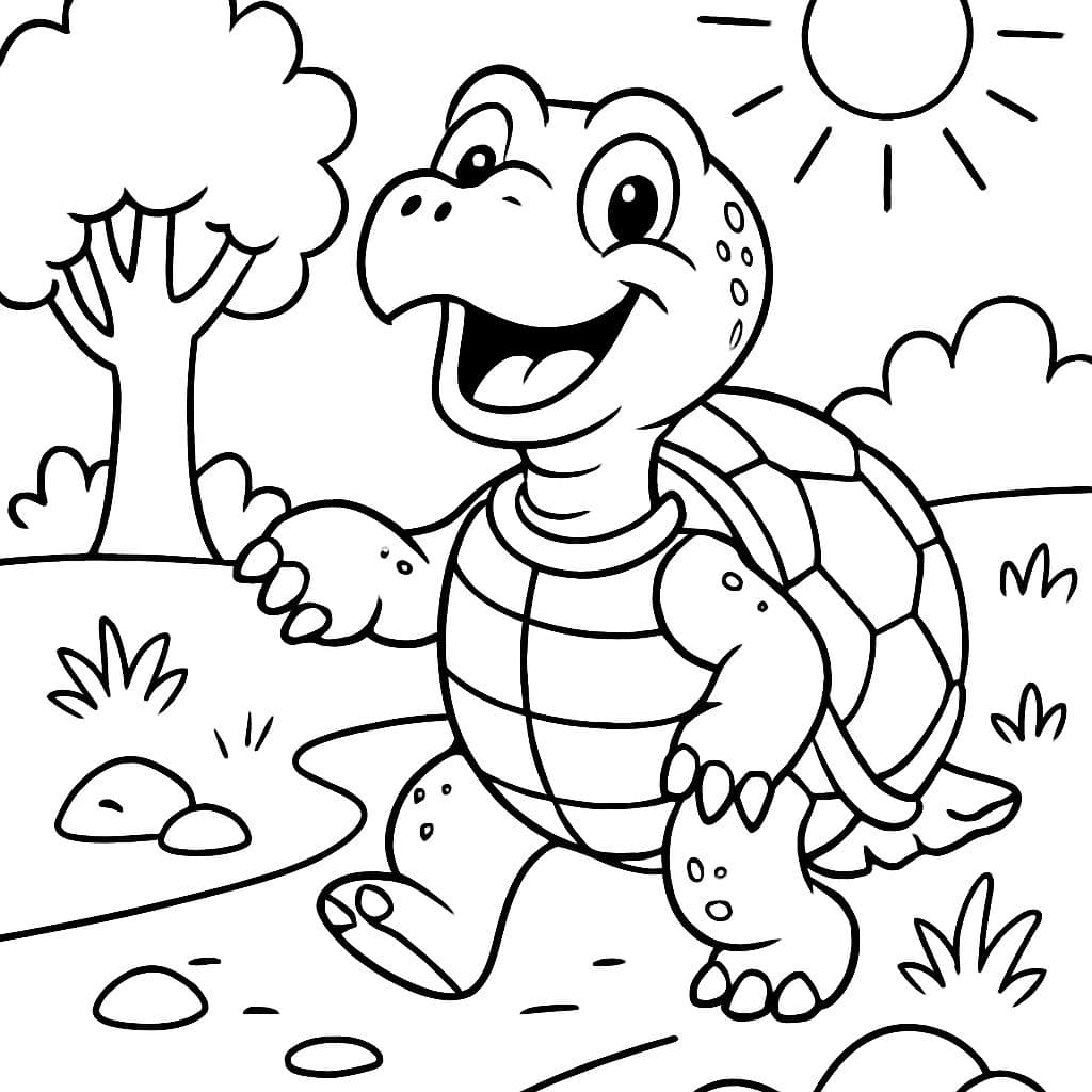 illustration de dessin animé, page de livre de coloriage, joyeuse tortue à dos plat, endroit aléatoire, noir et blanc, propre