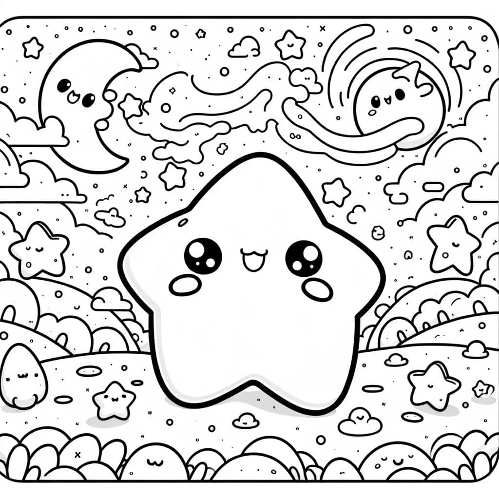 Un paysage étoilé mignon comme de la barbe à papa avec des étoiles amicales et colorées.