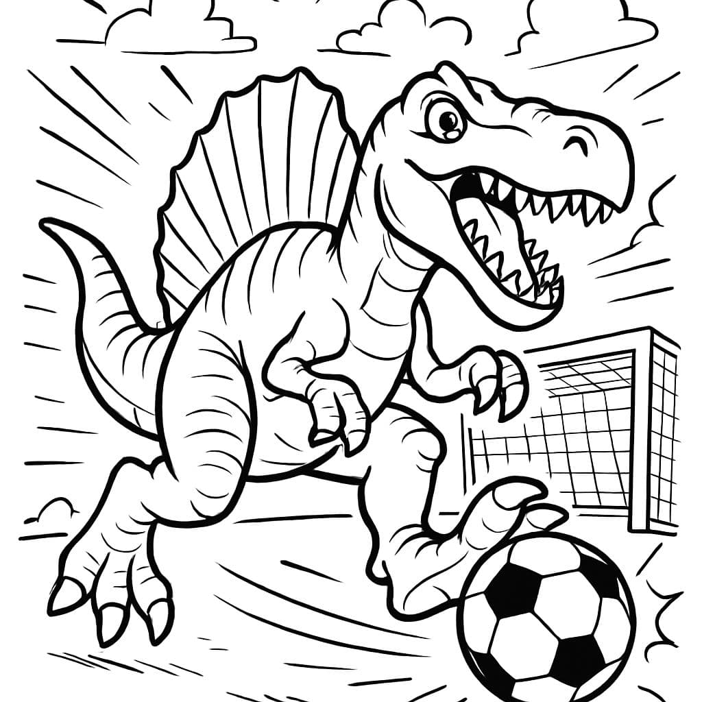 un Espinosaurus en el campo de fútbol, que es carne