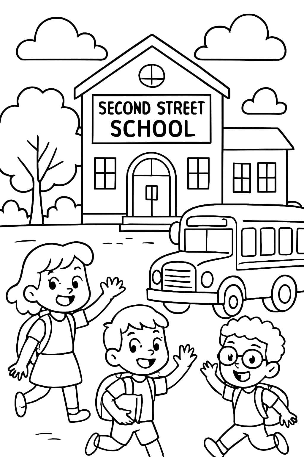 Un bâtiment scolaire avec un bus et une grande banderole qui dit 'Second Street School' sur le bâtiment.