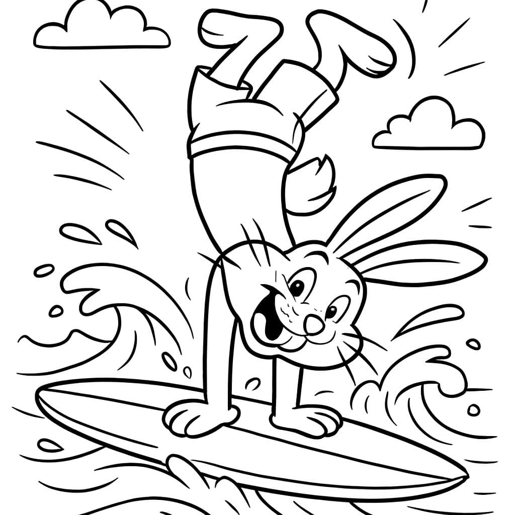 Conejo haciendo un equilibrio en una tabla de surf