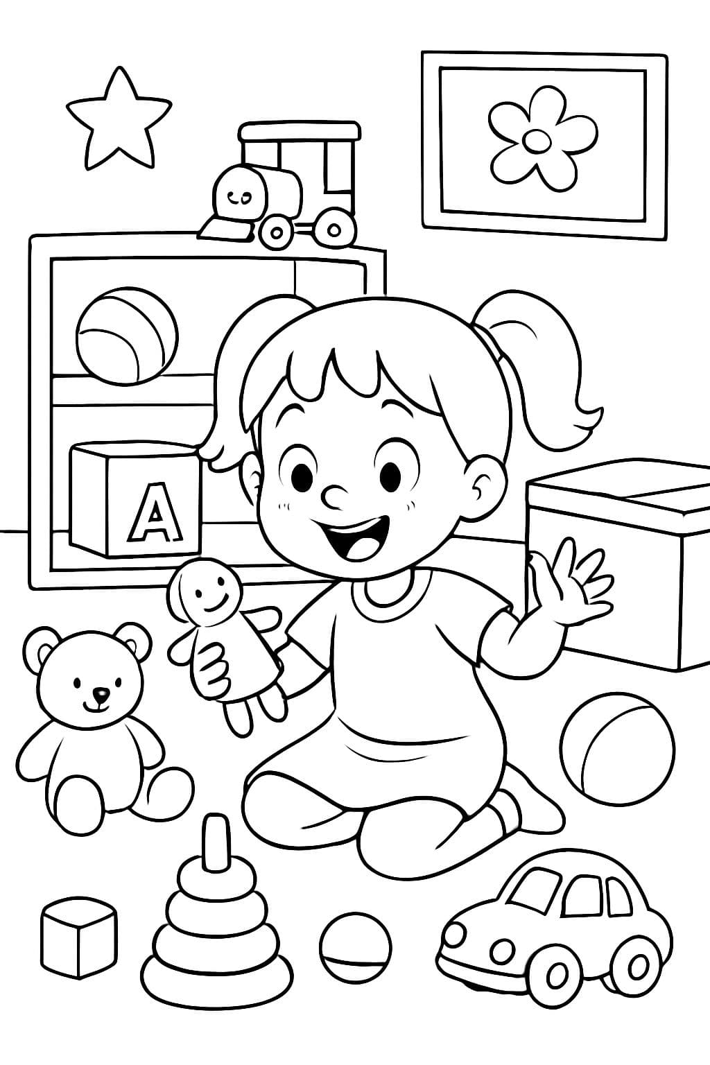 Niña de 3 años jugando con sus juguetes en la sala de juguetes