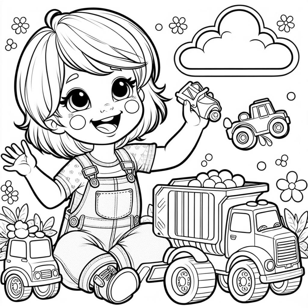 A girl playing with toy trucks wearing overalls