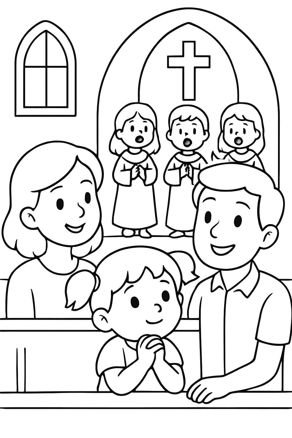 ein 5 jähriges Mädchen hört mit mama und papa in einer Kirche einem Kinderchor andächtig zu