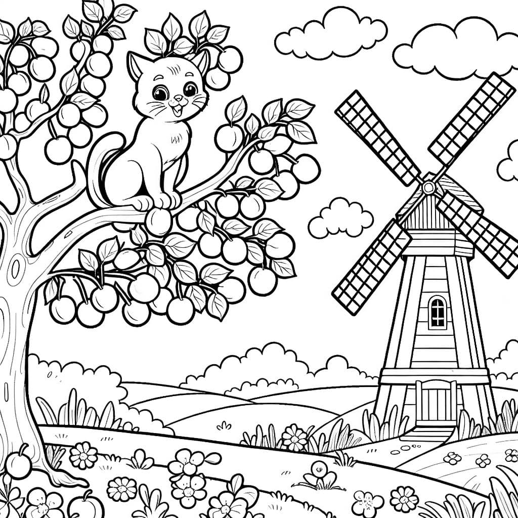 katze auf einem Pflaumenbaum mit Windrad im hintergrund,