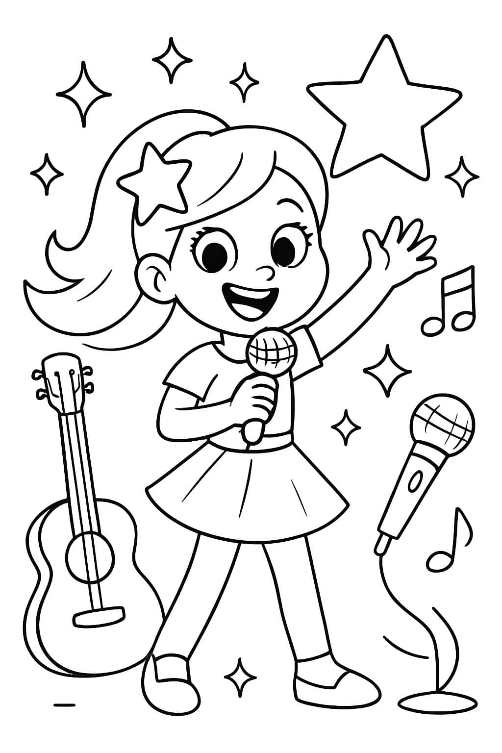 A popstar themed coloring page without a person on it. Maybe add some sparkles and microphones and guitars and other pop star life stuff.