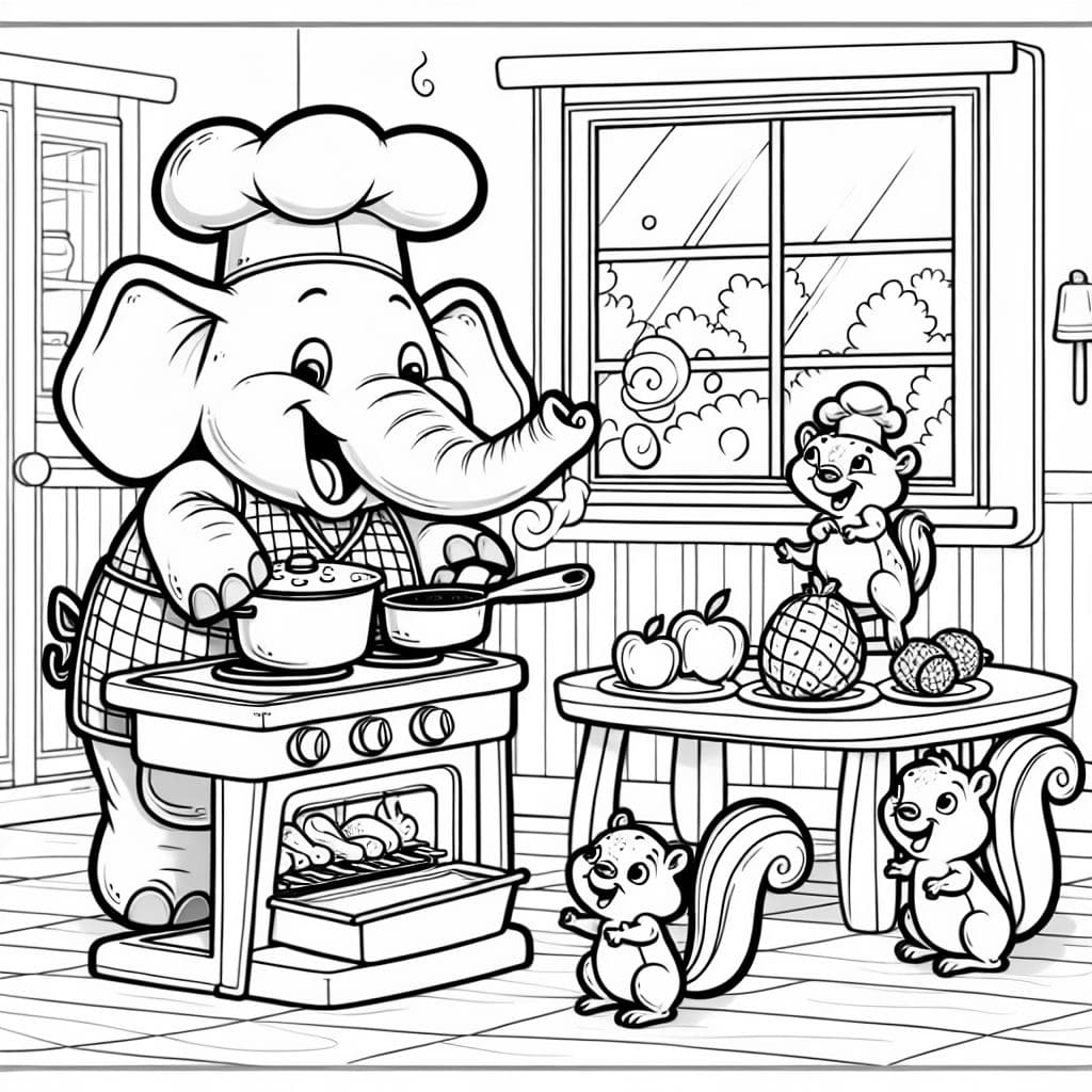 Un éléphant préparant le dîner pour une famille d'écureuils.