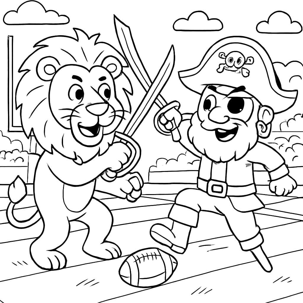 Un león luchando contra un pirata en un campo de fútbol.