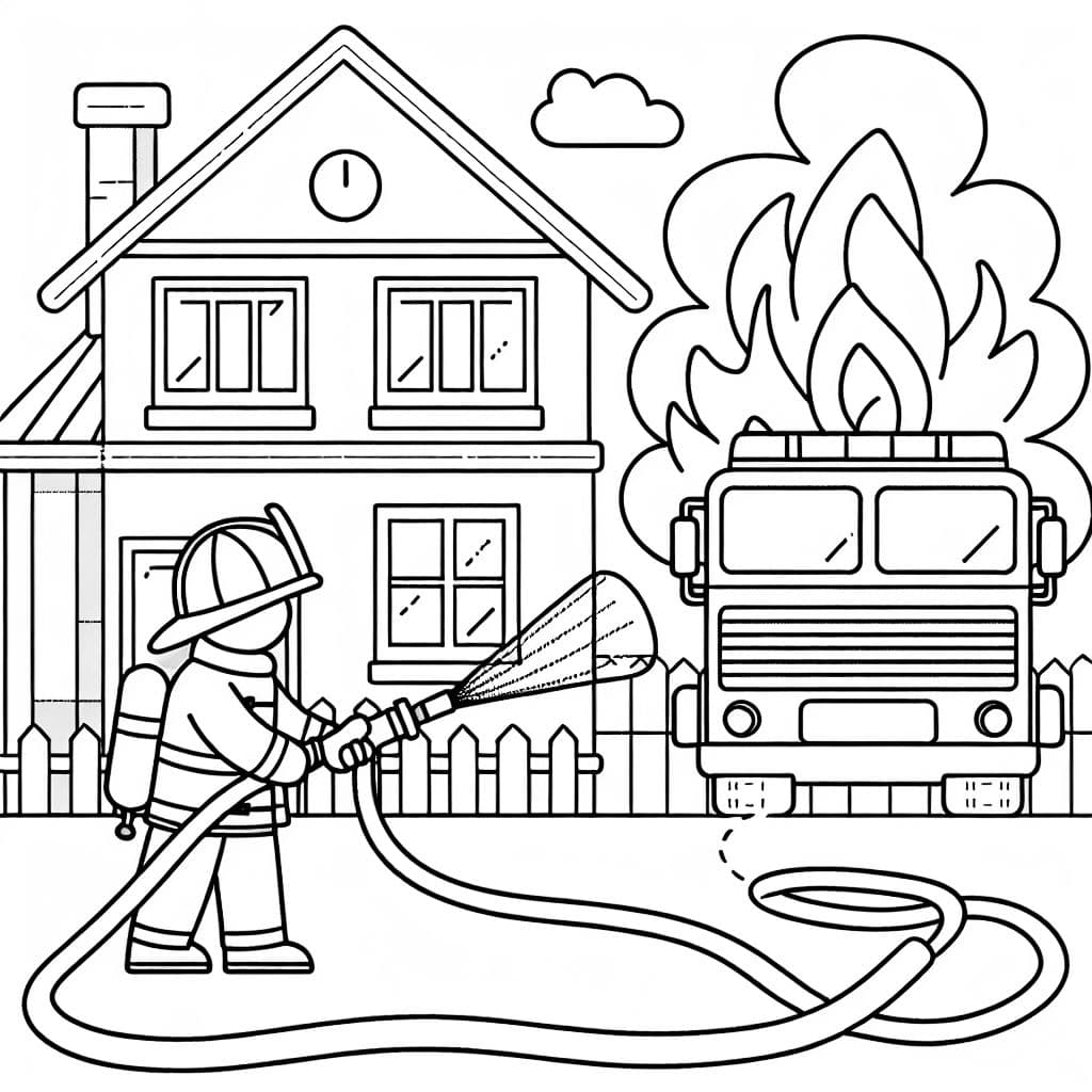 Einen feuerwehrmann der ein brennendes haus löscht mit schlauch und feuerwehrauto