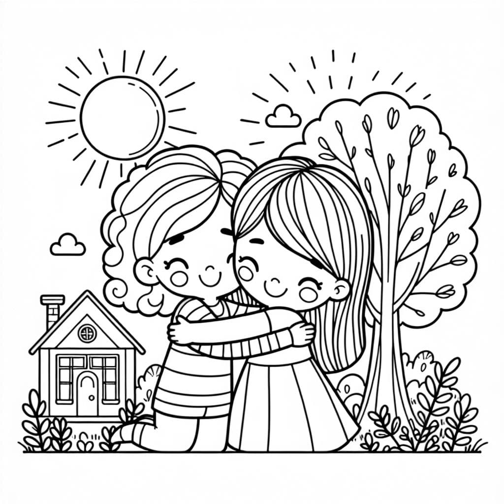 Dibuja una imagen de dos hermanas abrazándose.