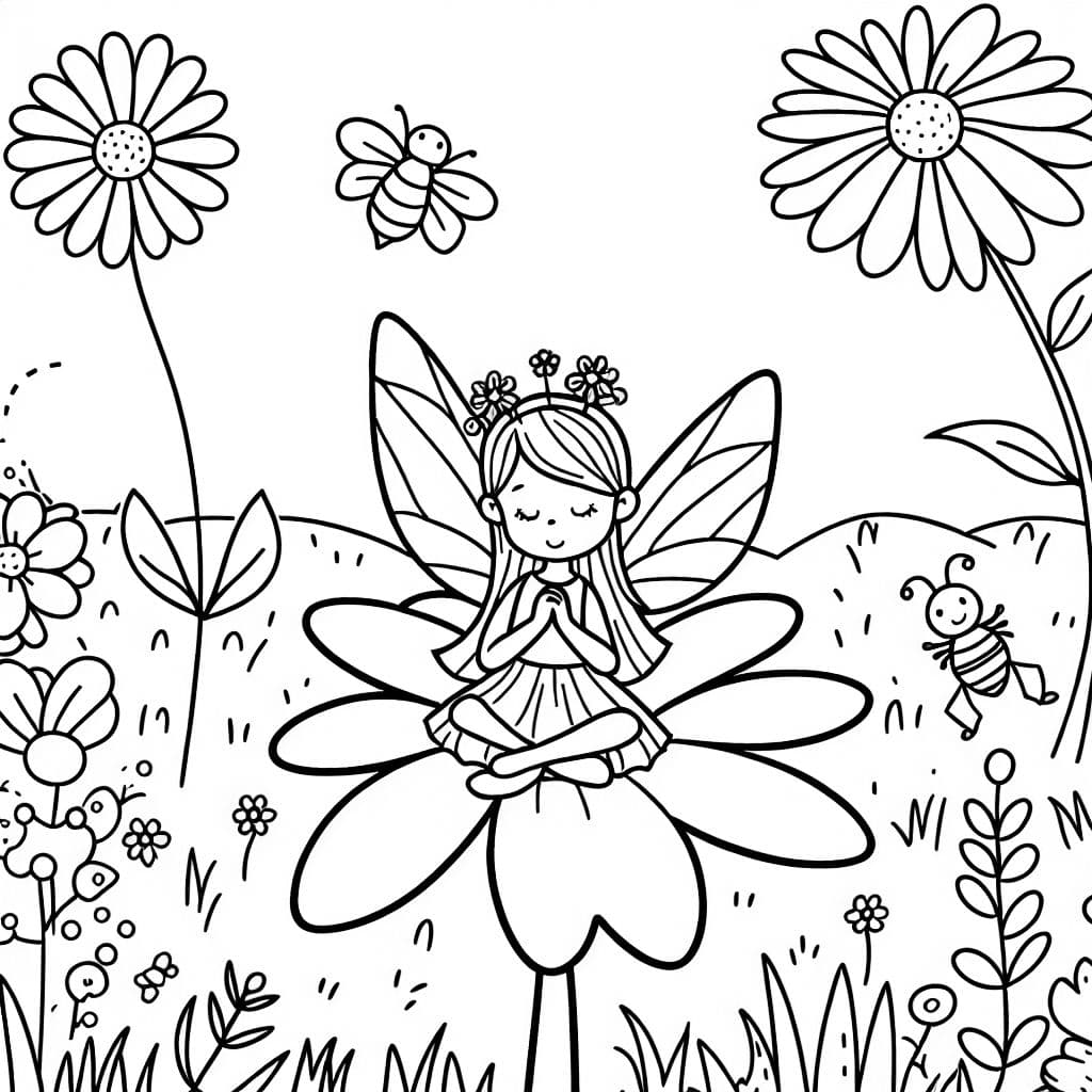 une fée est assise sur une fleur, prairie et insectes en arrière-plan